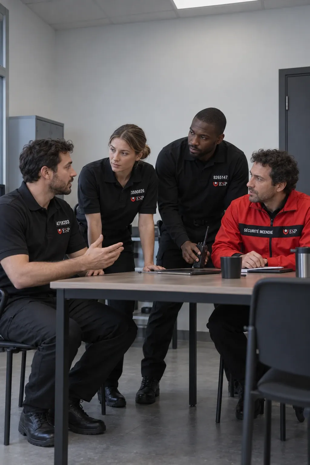 Briefing opérationnel. Trois agents de sécurité privée et un agent de sécurité incendie échangent autour d’une table.