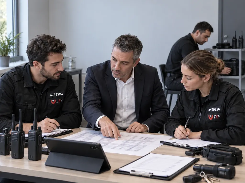 Un responsable et deux agents préparent une prise de site autour d’un plan.