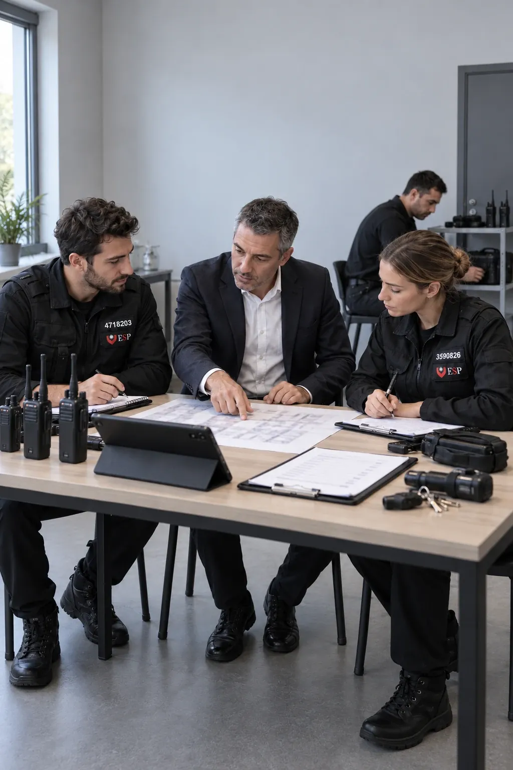 Préparation avant prise de site. Un responsable et deux agents travaillent sur un plan, radios et checklists posées sur la table.