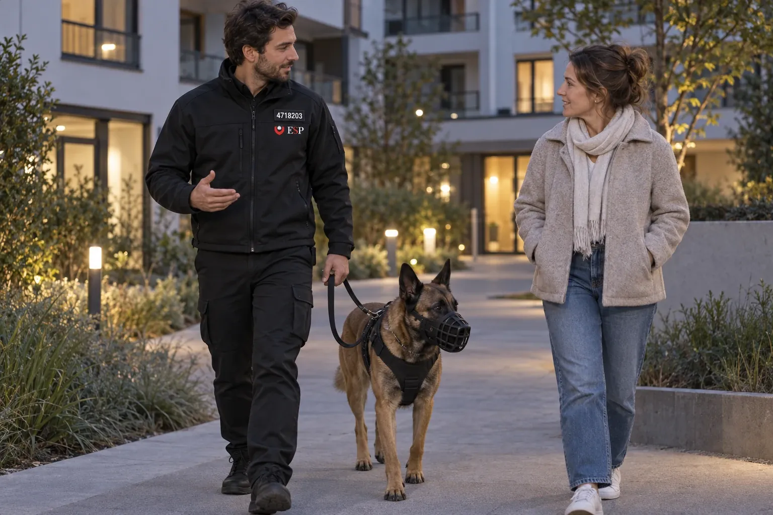 Résidence collective au crépuscule. Un agent cynophile en ronde échange avec une résidente, son chien muselé tenu en laisse.