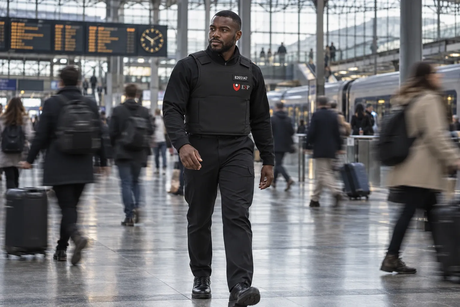 Hall de gare. Un agent de sûreté en gilet de protection traverse le flux de voyageurs, rames à quai en arrière-plan.