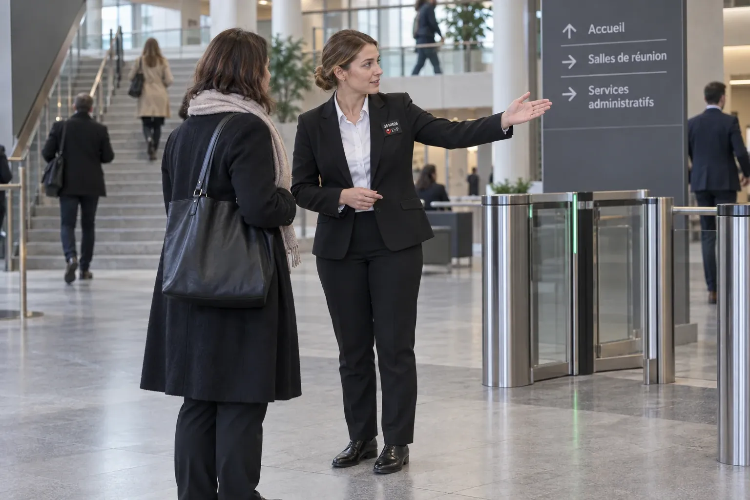 Hall administratif. Une agente en tenue de ville oriente une visiteuse vers les services, sous la signalétique d’accueil.